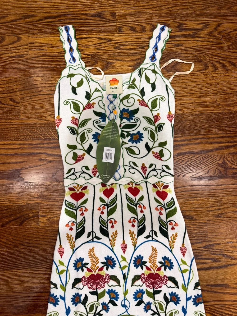 Farm Rio Garden Stitched sleeveless Floral Embroidered White Midi Dress, NWT